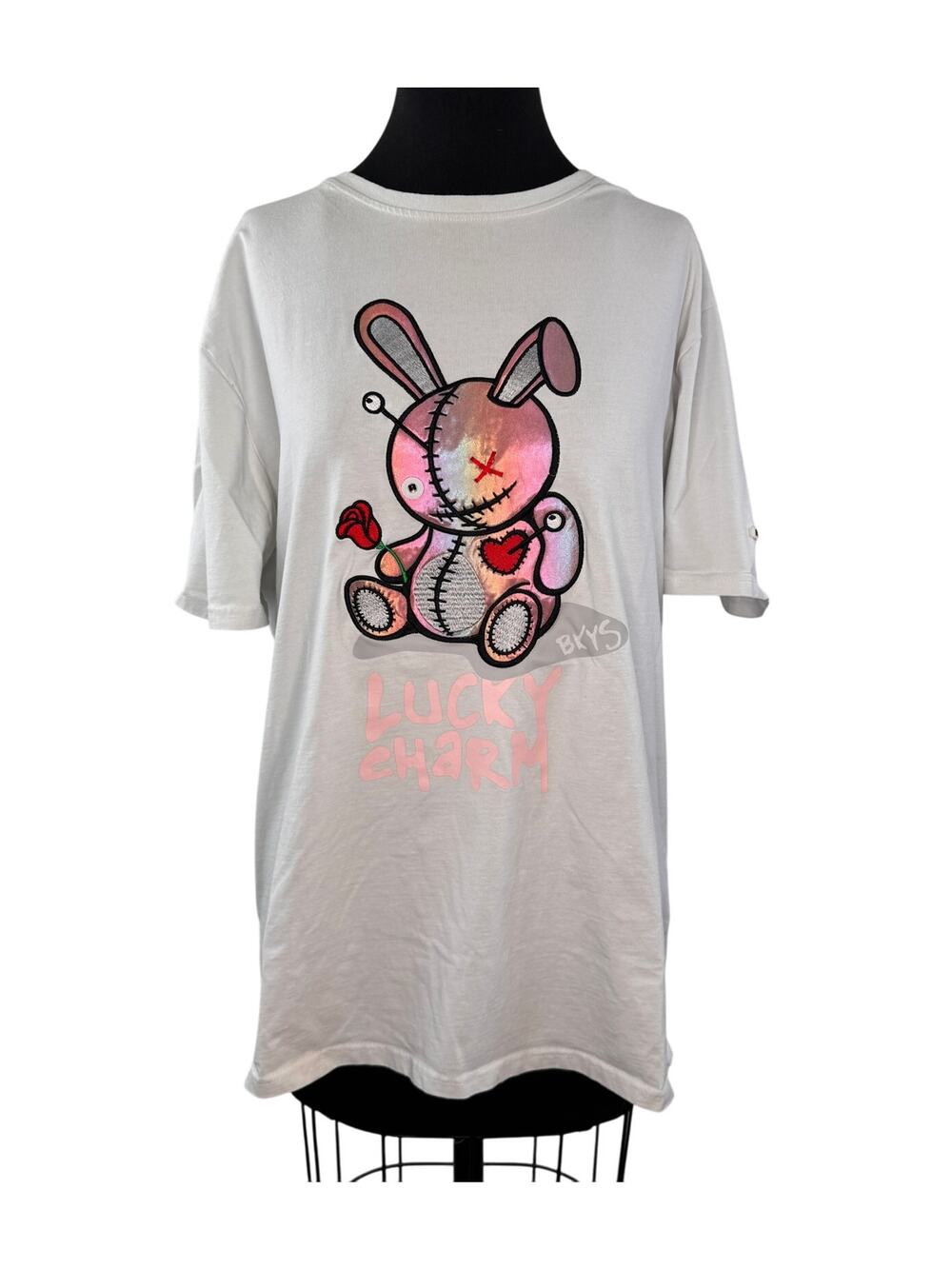 BKYS Lucky Charm Off White T-Shirt Cotton Crew Neck Drop Shoulder Tee XL X-Large
